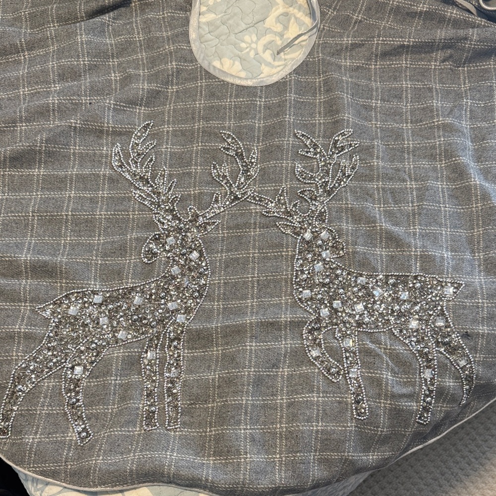 Gray Plaid Reindeer Christmas Tree Skirt